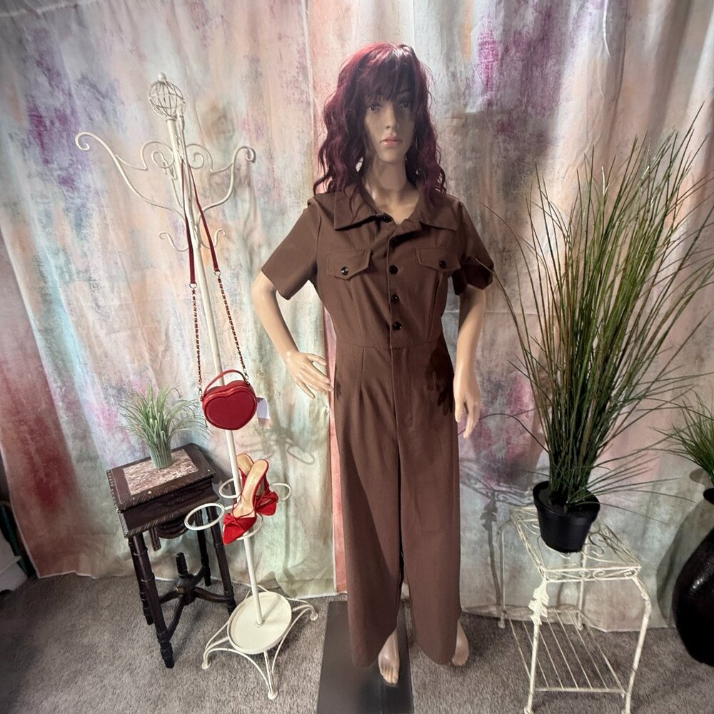 📌Vintage Style Nougat Brown Fitted Lapel Collar Jumpsuit Box Pleat on the Back